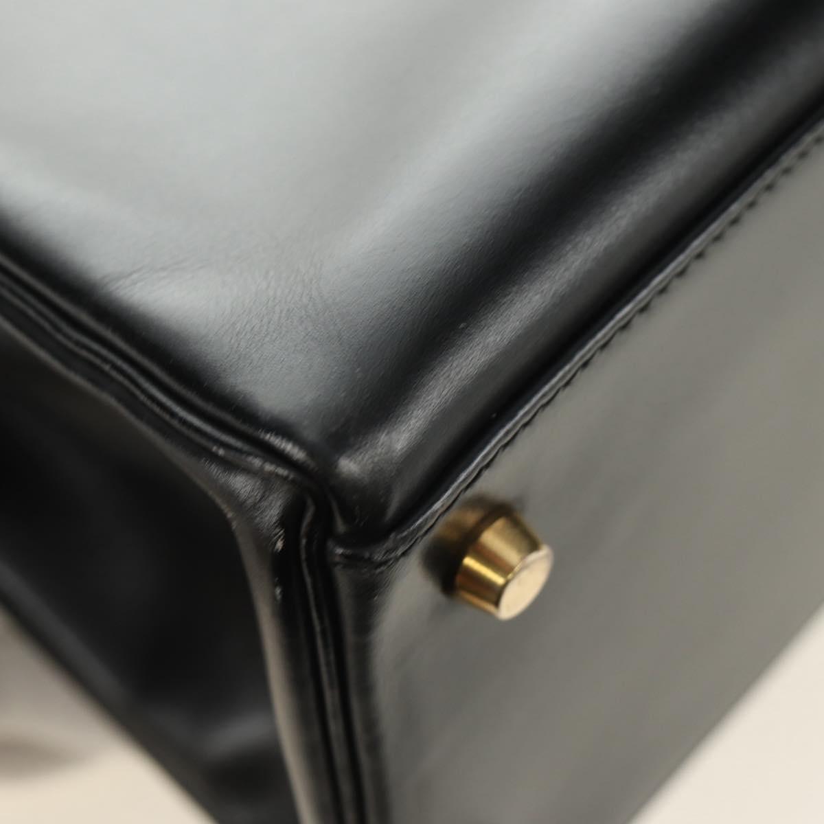HERMES Box Calf Kelly 32 Hand Bag Leather 2way Black Gold Auth 190133SM