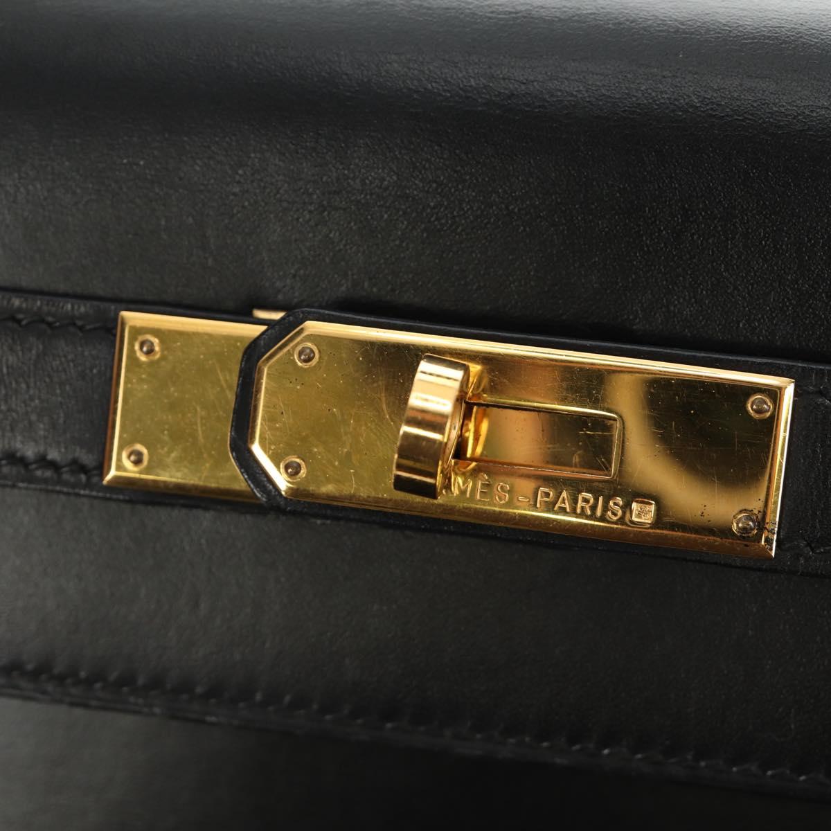 HERMES Box Calf Kelly 32 Hand Bag Leather 2way Black Gold Auth 190133SM