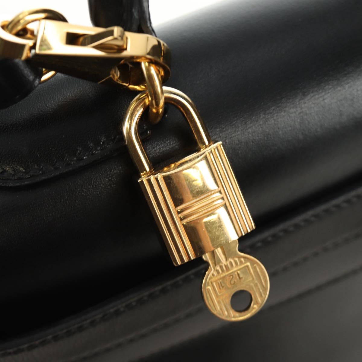 HERMES Box Calf Kelly 32 Hand Bag Leather 2way Black Gold Auth 190133SM