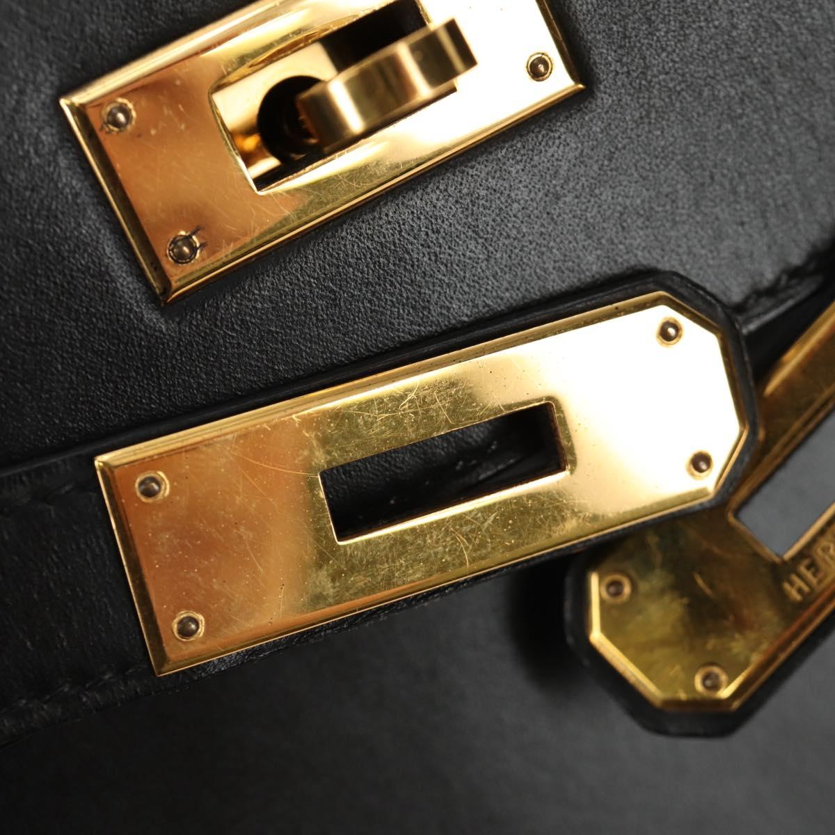 HERMES Box Calf Kelly 32 Hand Bag Leather 2way Black Gold Auth 190133SM