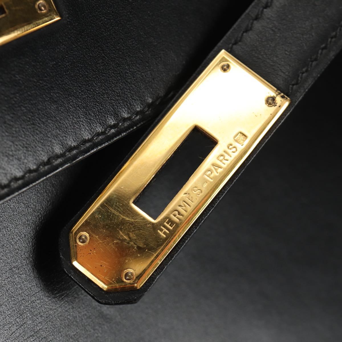 HERMES Box Calf Kelly 32 Hand Bag Leather 2way Black Gold Auth 190133SM