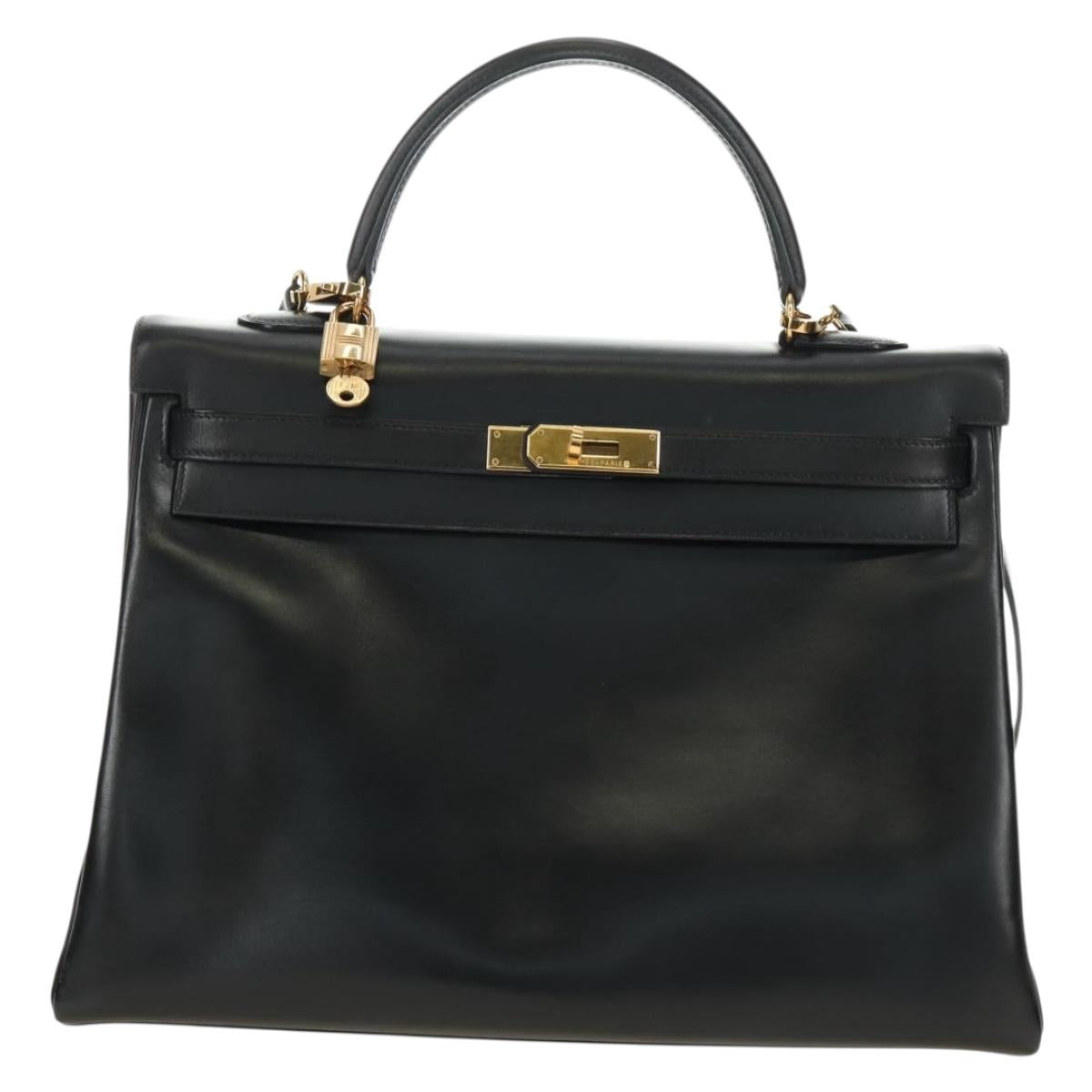 HERMES Box Calf Kelly 32 Hand Bag Leather 2way Black Gold Auth 190133SM