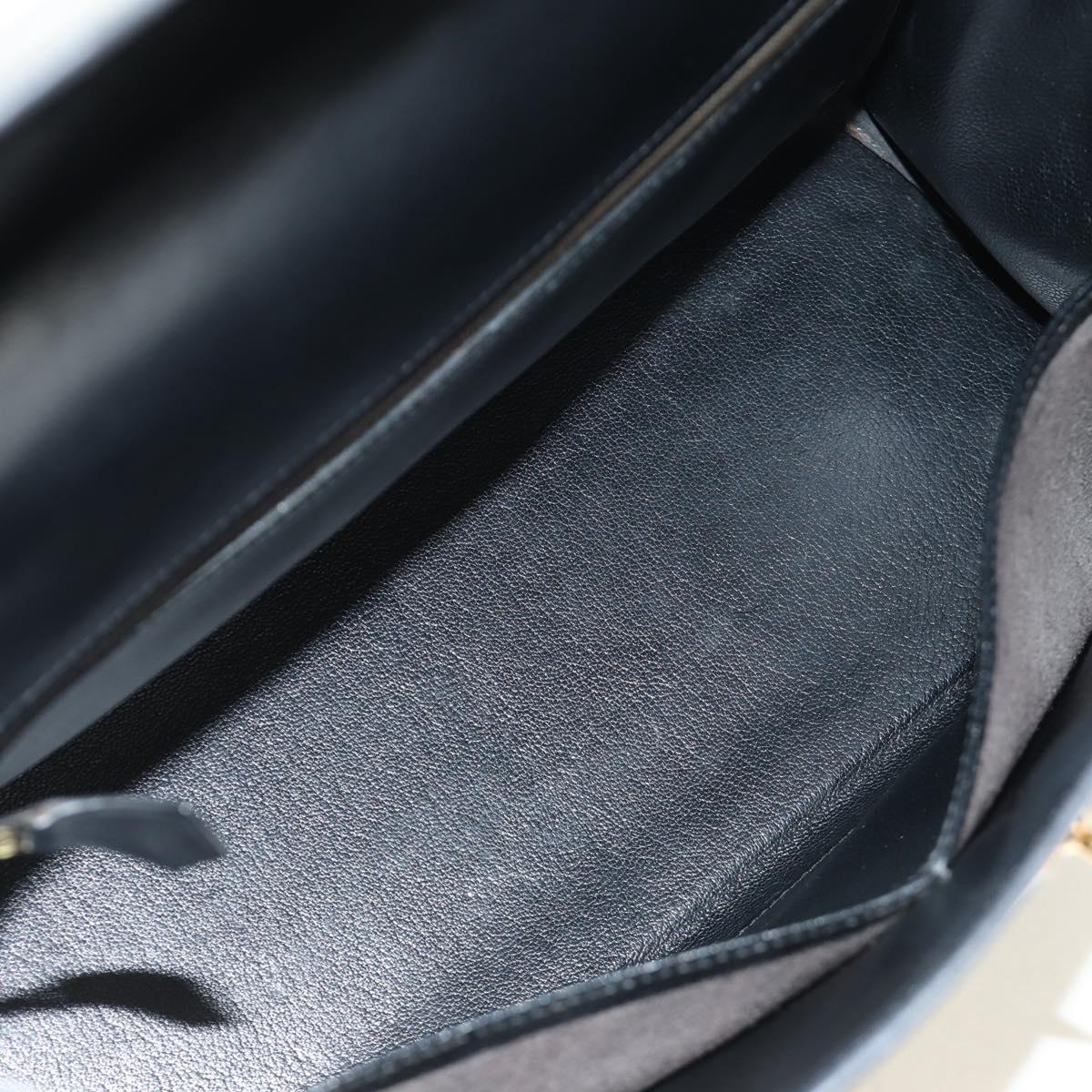 HERMES Box Calf Kelly 32 Hand Bag Leather 2way Black Gold Auth 190133SM