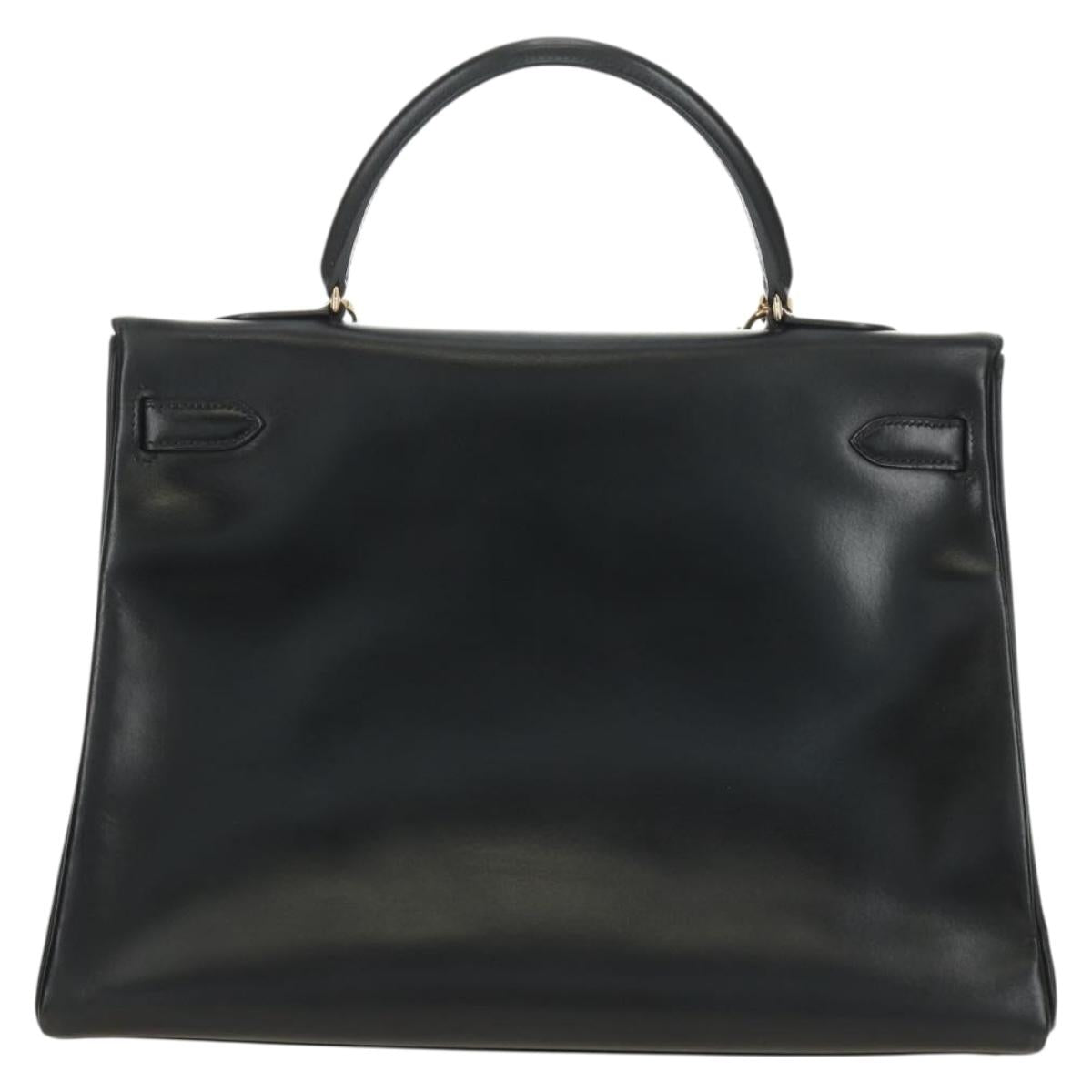 HERMES Box Calf Kelly 32 Hand Bag Leather 2way Black Gold Auth 190133SM