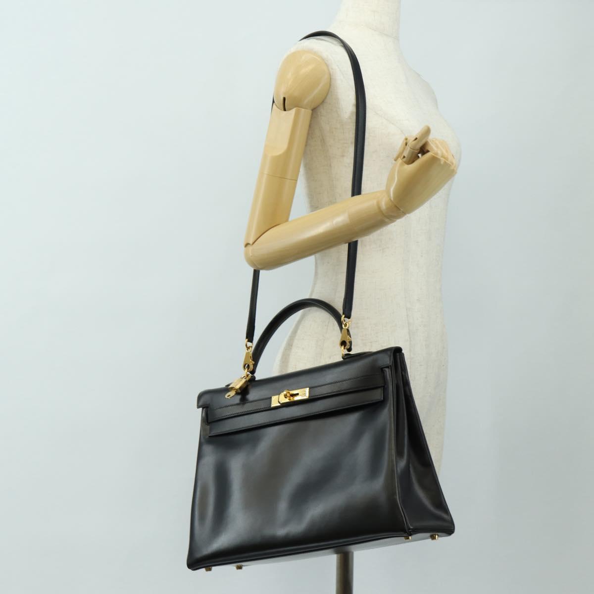 HERMES Box Calf Kelly 32 Hand Bag Leather 2way Black Gold Auth 190133SM