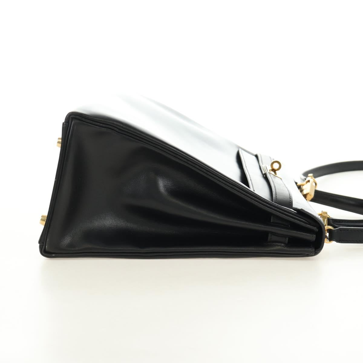 HERMES Box Calf Kelly 32 Hand Bag Leather 2way Black Gold Auth 190133SM