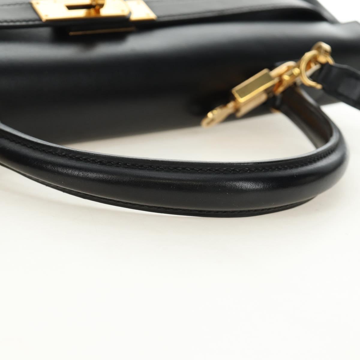 HERMES Box Calf Kelly 32 Hand Bag Leather 2way Black Gold Auth 190133SM