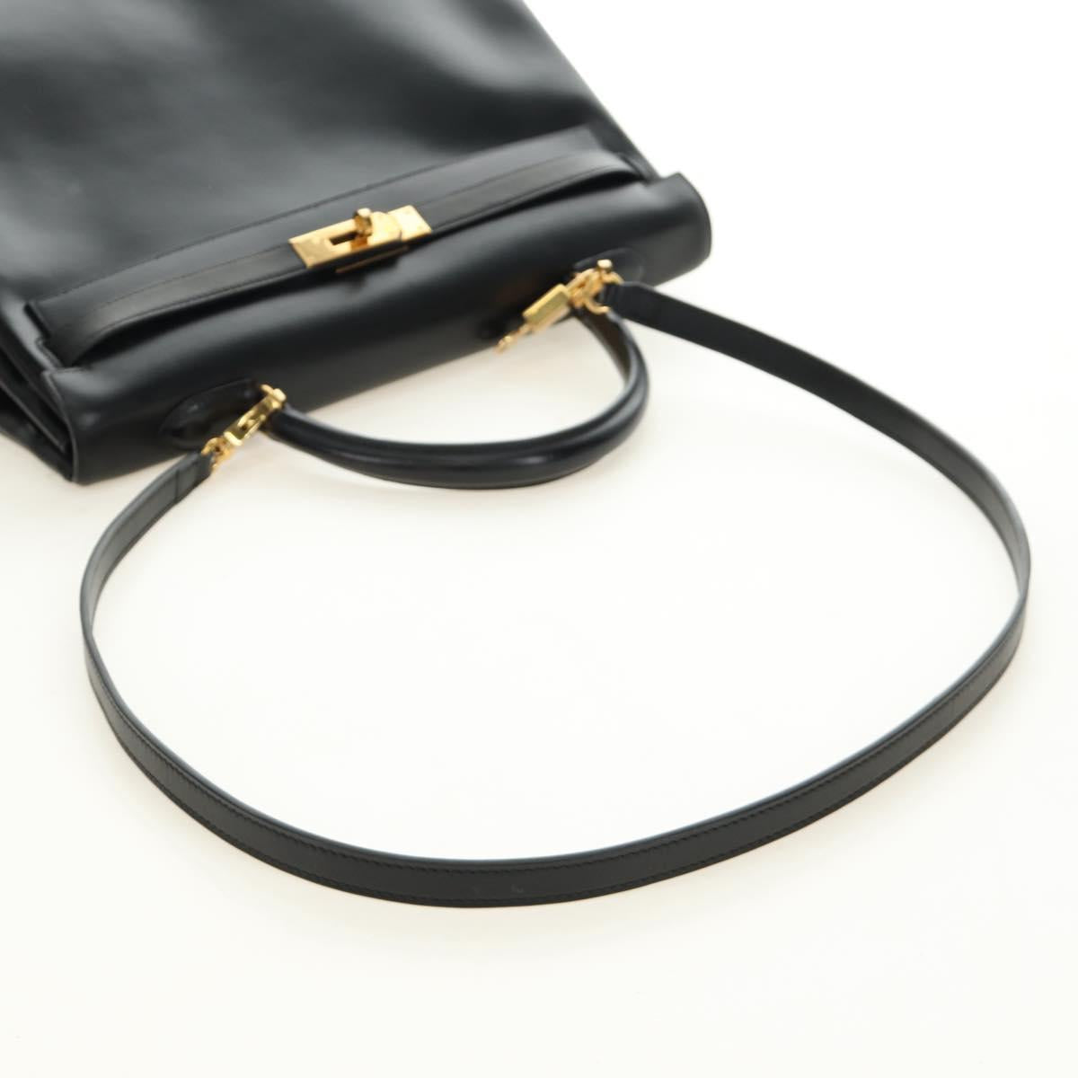 HERMES Box Calf Kelly 32 Hand Bag Leather 2way Black Gold Auth 190133SM