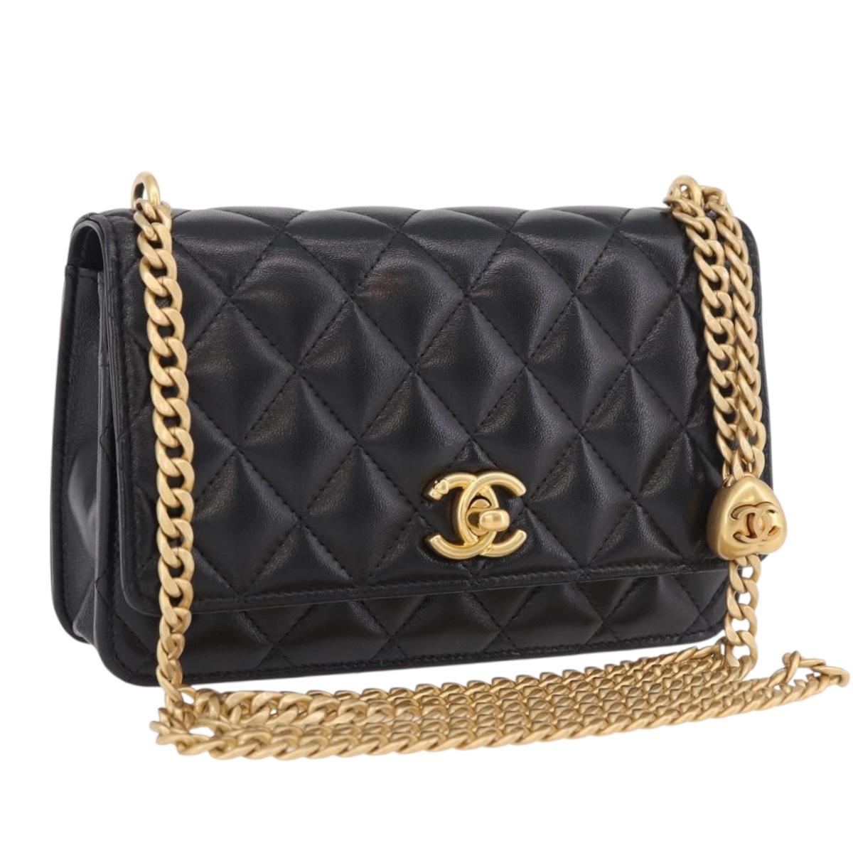 CHANEL Matelasse Chain Shoulder Bag Lamb Skin Black Gold CC Auth 190135SAM