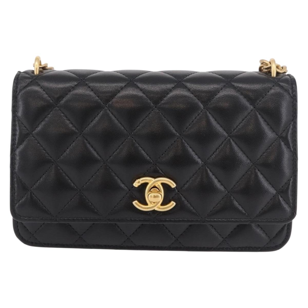 CHANEL Matelasse Chain Shoulder Bag Lamb Skin Black Gold CC Auth 190135SAM