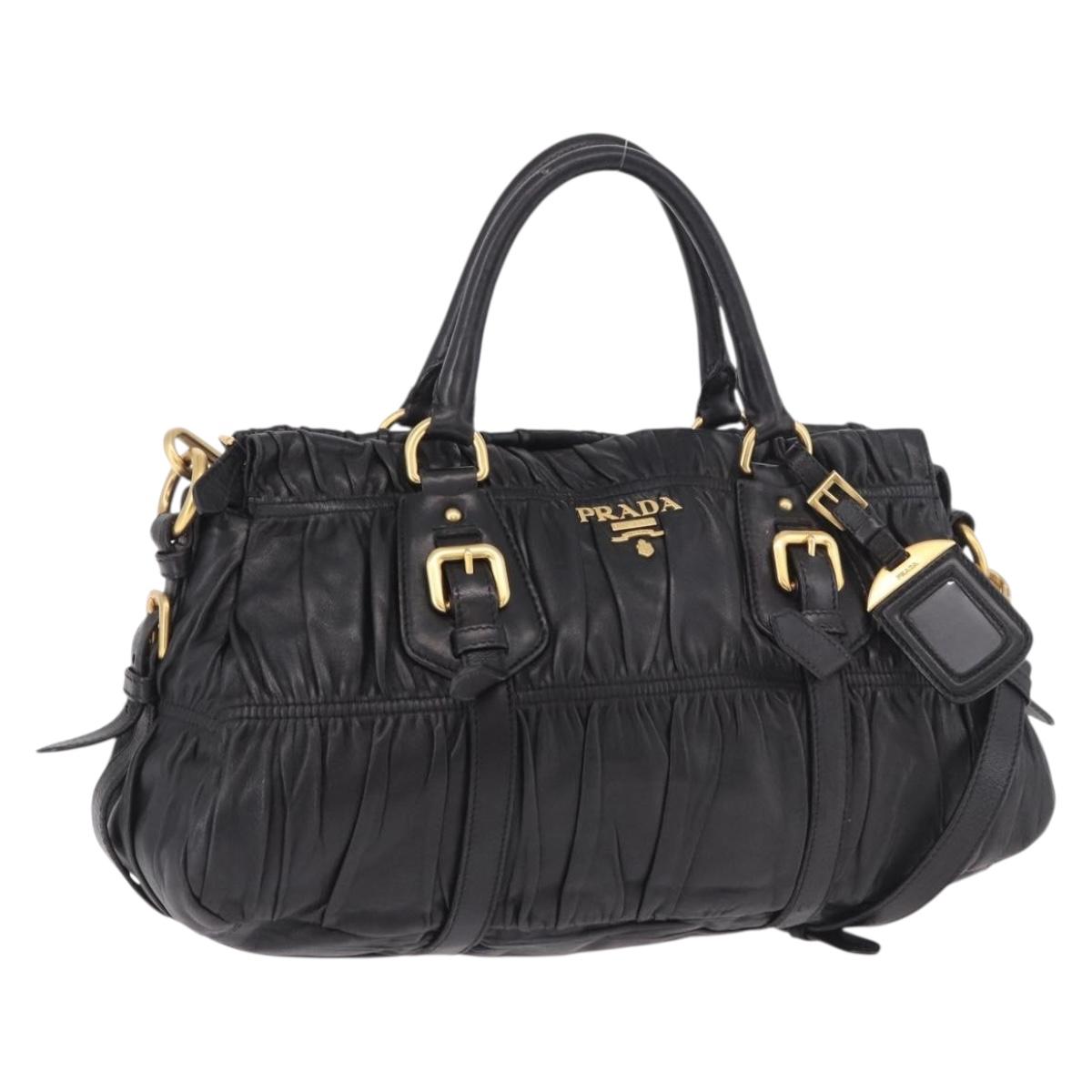 PRADA Gathered Hand Bag Leather 2way Black Gold Auth 190154V