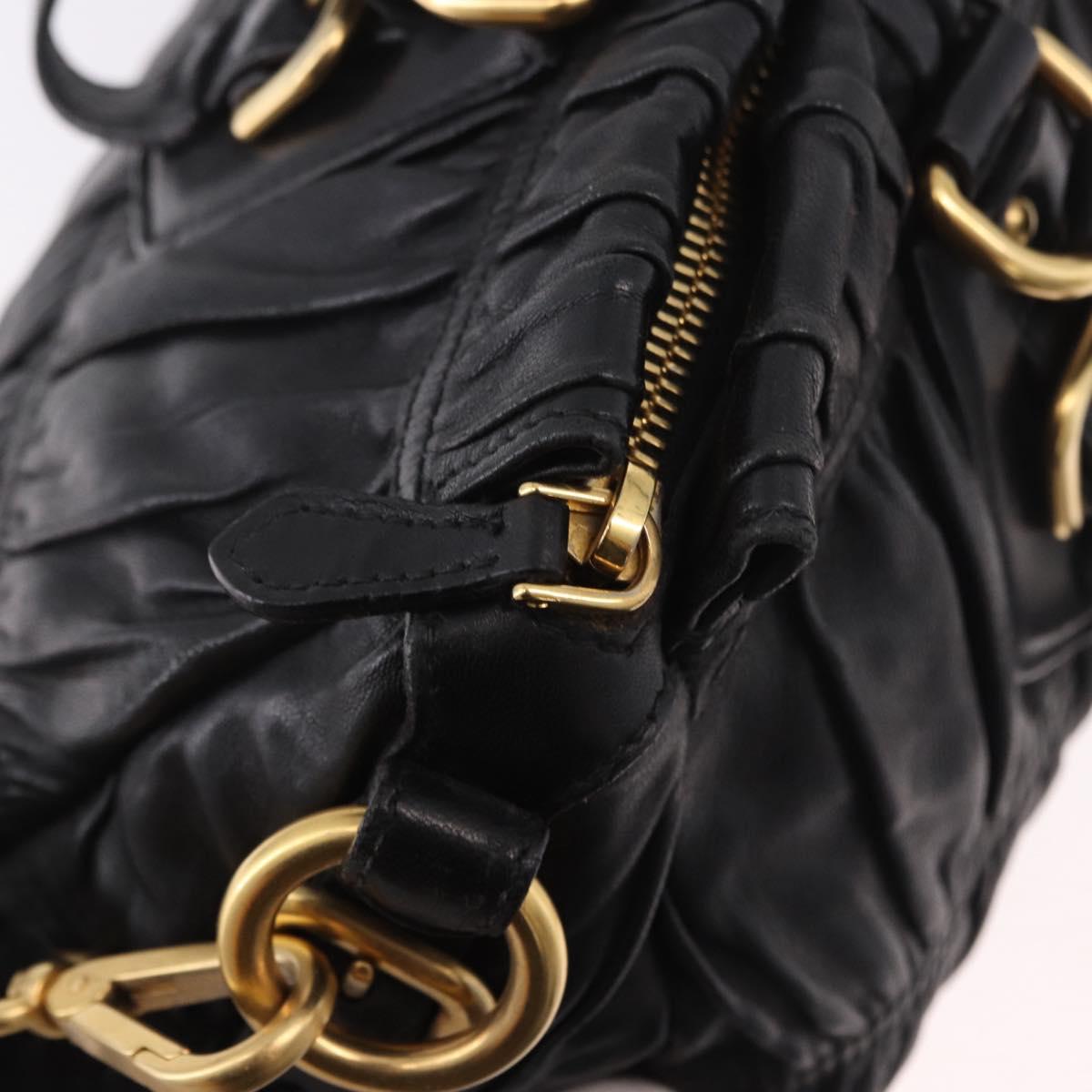 PRADA Gathered Hand Bag Leather 2way Black Gold Auth 190154V