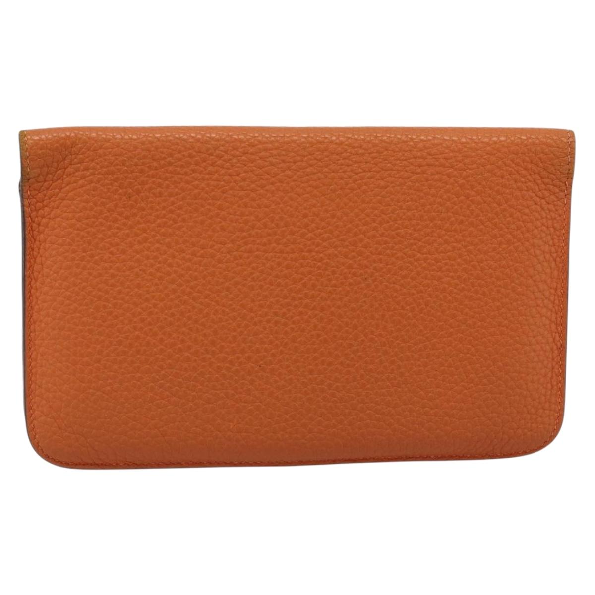 HERMES Dogon GM Wallet Togo leather Orange Silver Auth 190176A