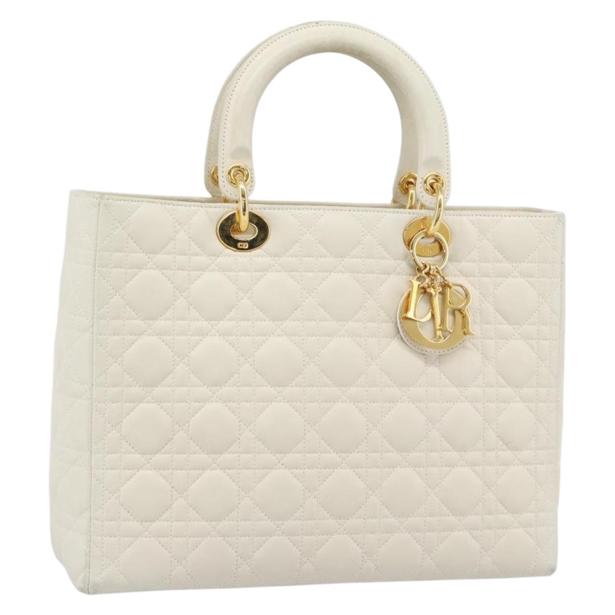 Christian Dior Canage Hand Bag Lamb Skin White Gold Auth 190191A