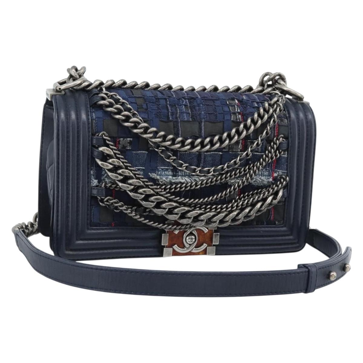 CHANEL Boy Chanel Chain Shoulder Bag Denim Blue Silver CC Auth 190194SAM