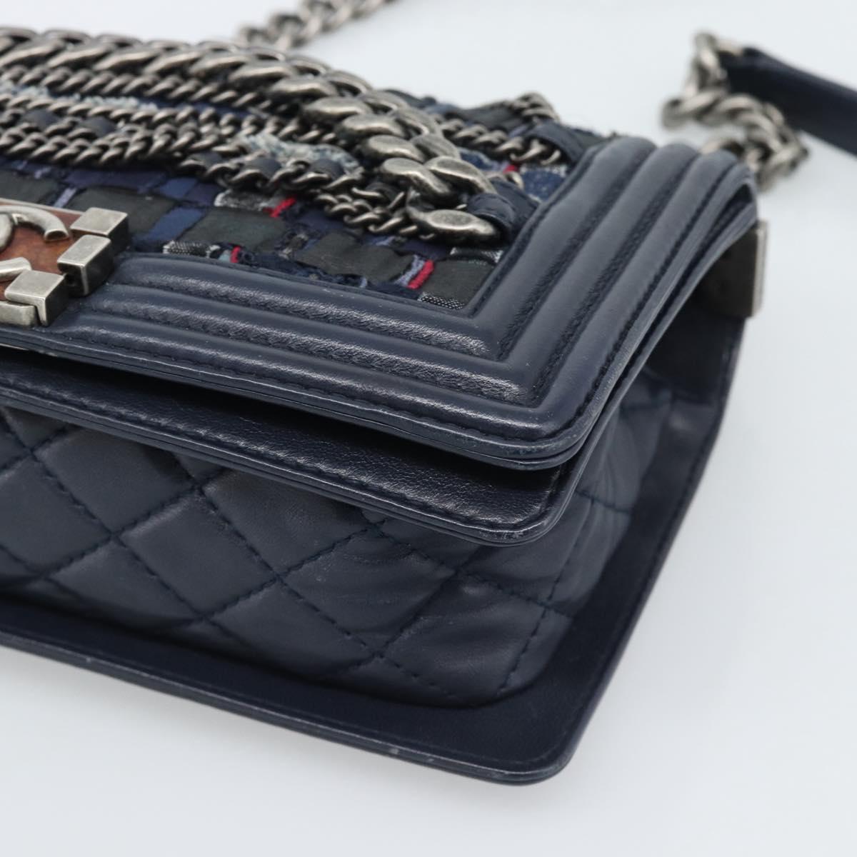 CHANEL Boy Chanel Chain Shoulder Bag Denim Blue Silver CC Auth 190194SAM