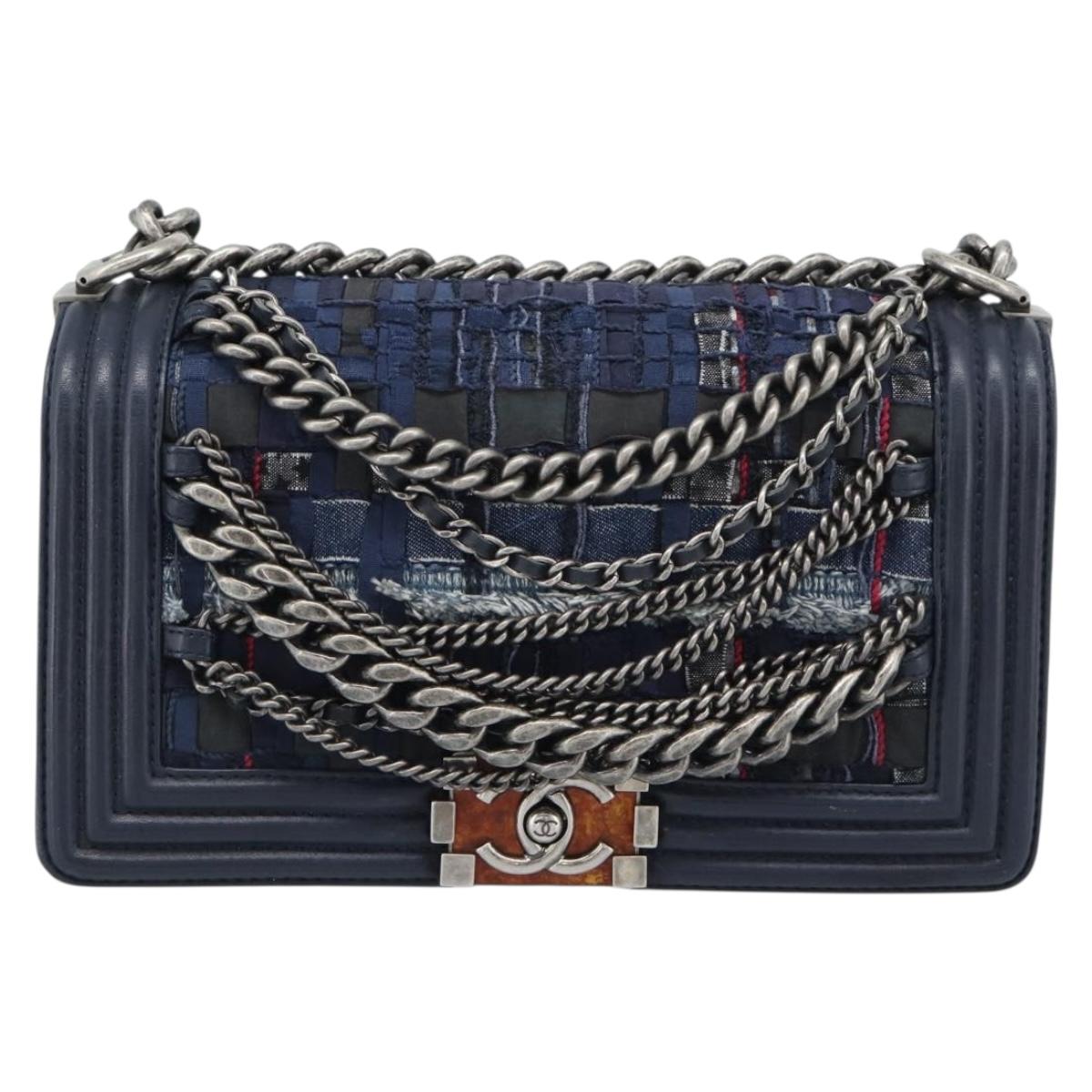 CHANEL Boy Chanel Chain Shoulder Bag Denim Blue Silver CC Auth 190194SAM