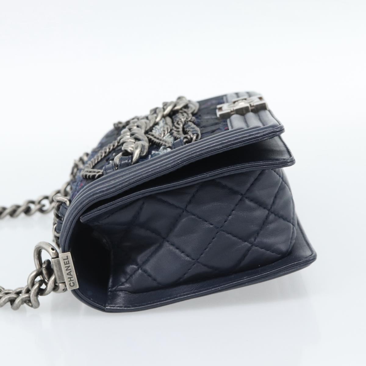 CHANEL Boy Chanel Chain Shoulder Bag Denim Blue Silver CC Auth 190194SAM