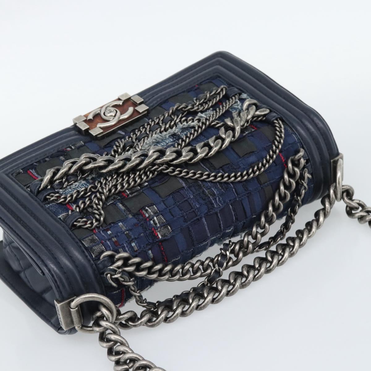 CHANEL Boy Chanel Chain Shoulder Bag Denim Blue Silver CC Auth 190194SAM