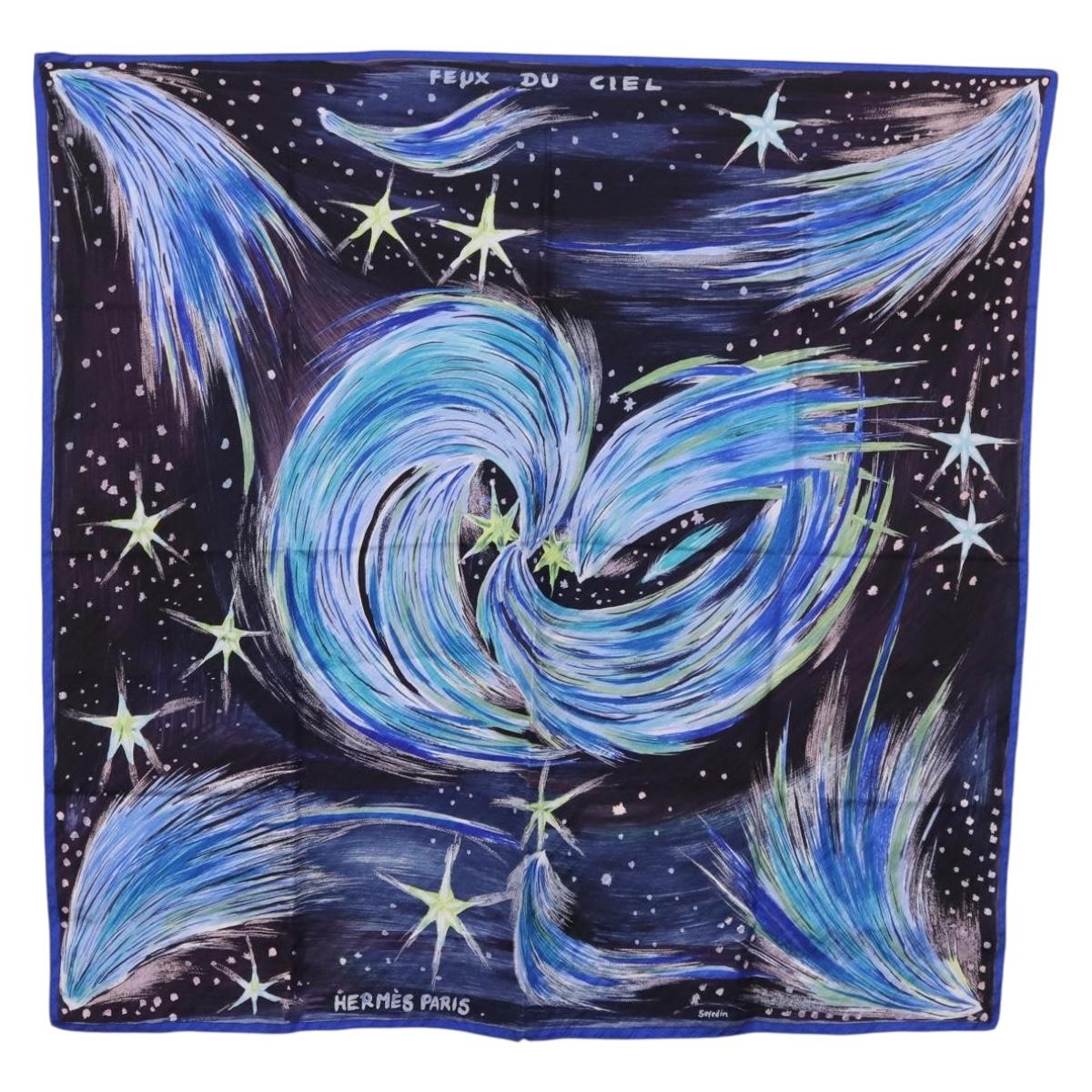 HERMES Carre 90 Scarf ""FEUX DU CIEL"" Silk Blue Auth 190195