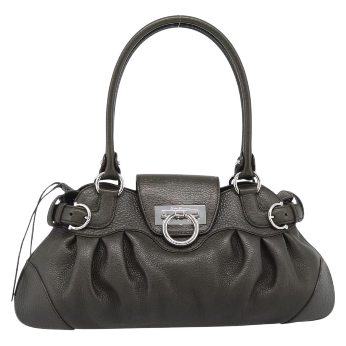 Salvatore Ferragamo Gancini Tote Bag Leather Khaki Silver Auth 190197A