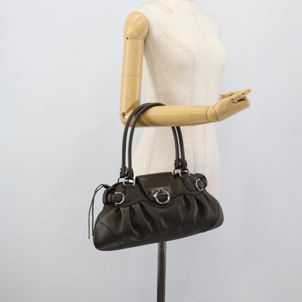 Salvatore Ferragamo Gancini Tote Bag Leather Khaki Silver Auth 190197A