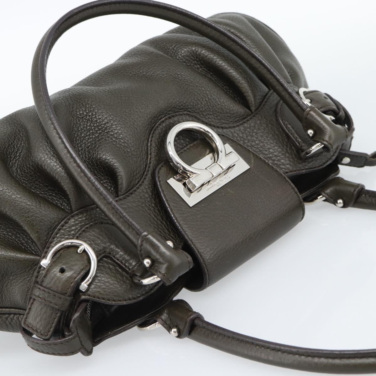 Salvatore Ferragamo Gancini Tote Bag Leather Khaki Silver Auth 190197A