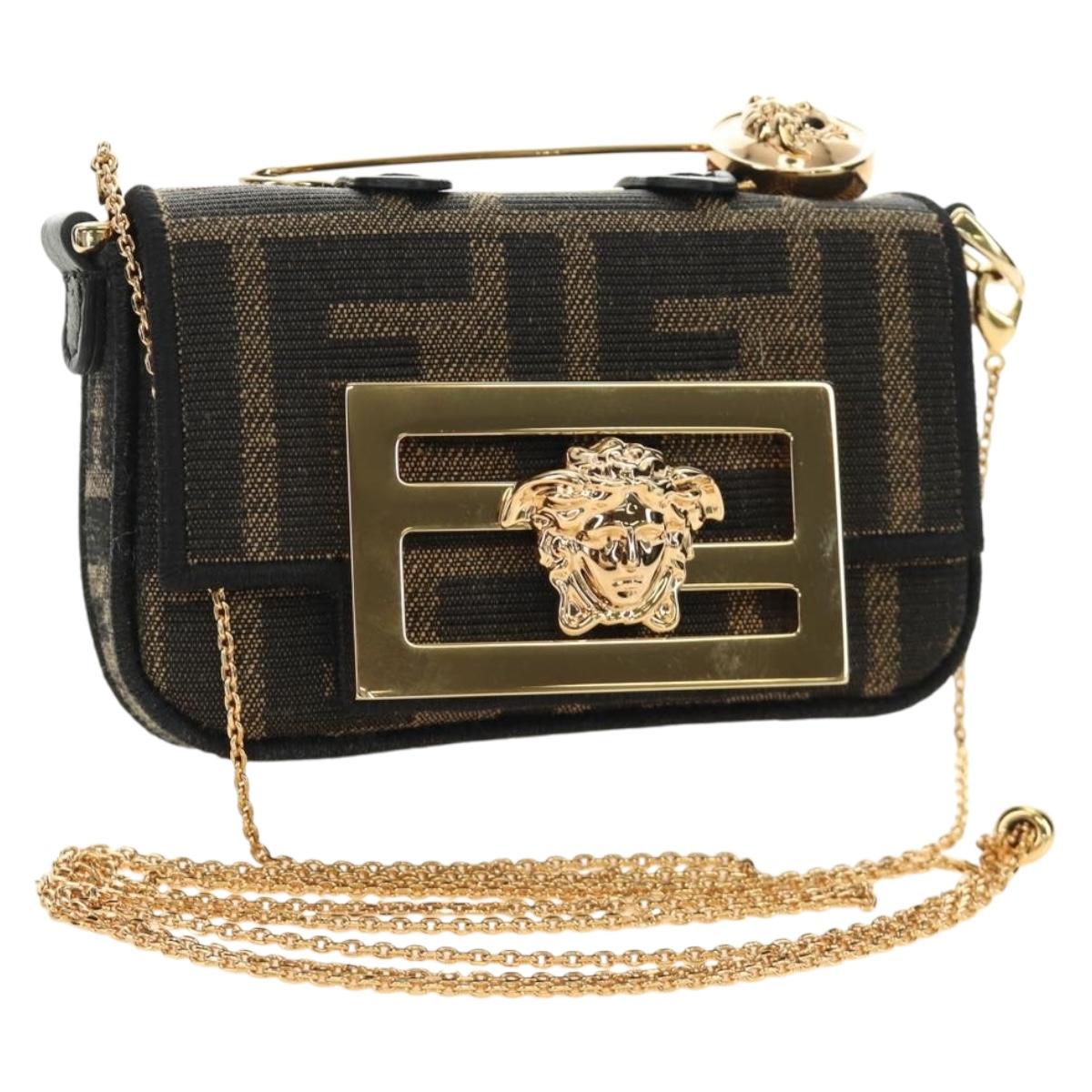 FENDI FENDACE Nano Baguette Chain Shoulder Pouch Black Brown Auth 190223SAM