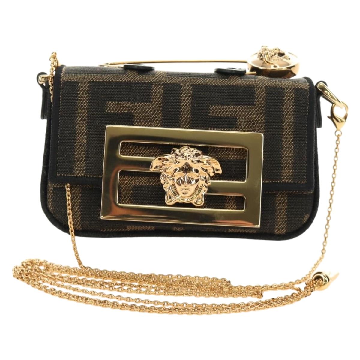 FENDI FENDACE Nano Baguette Chain Shoulder Pouch Black Brown Auth 190223SAM
