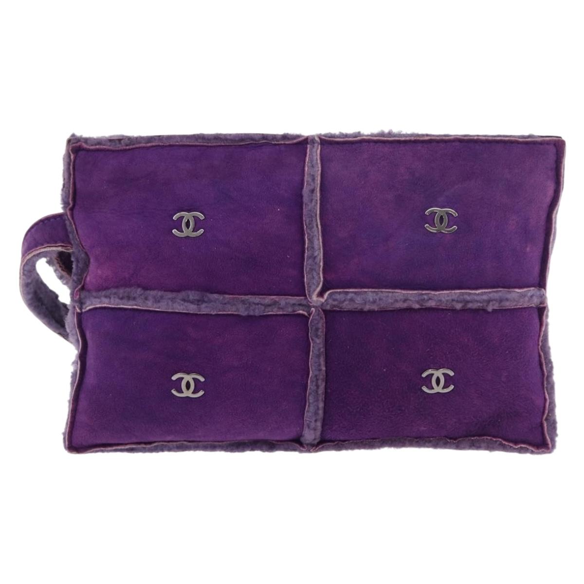 CHANEL Choco Bar Pouch Mouton Purple Silver CC Auth 190227A