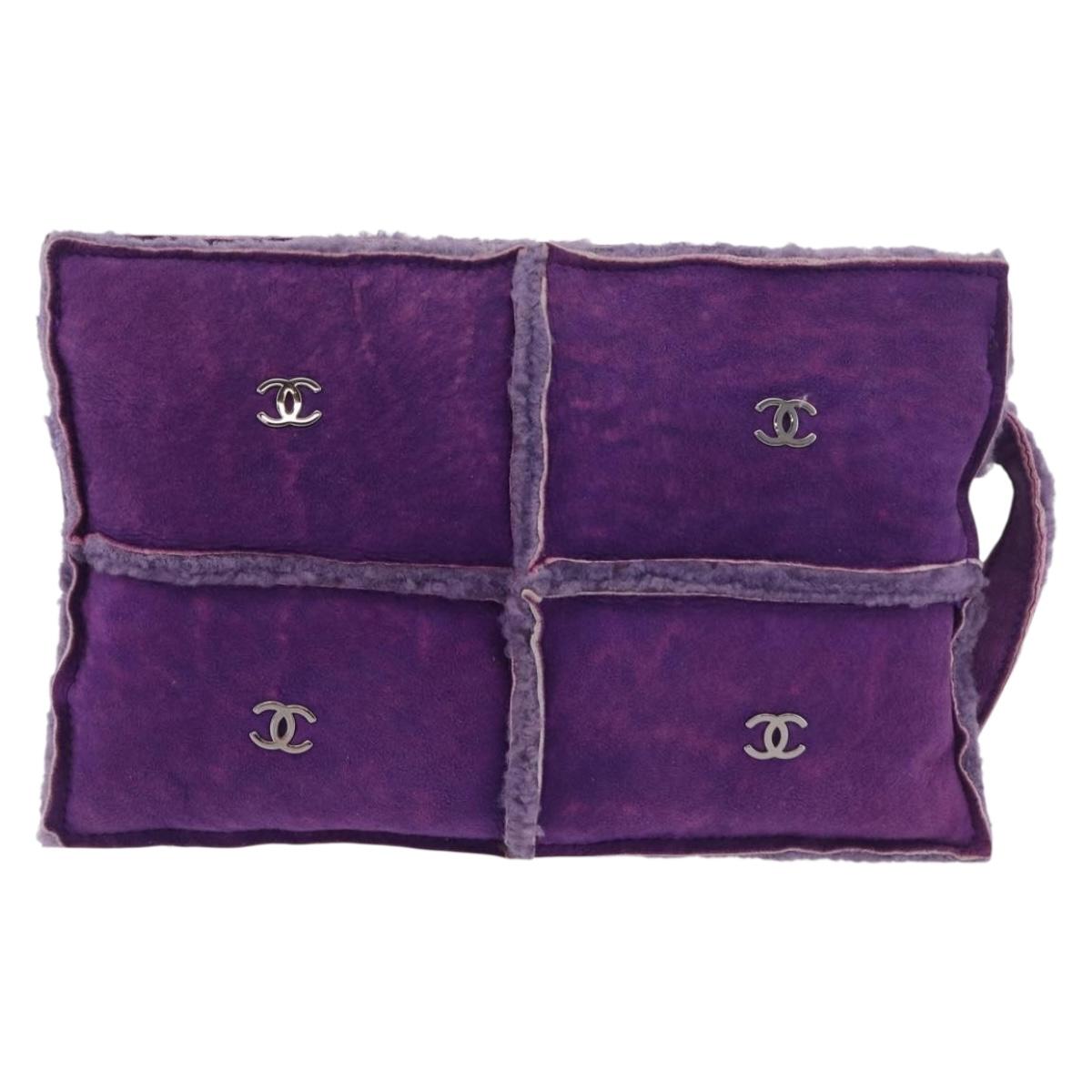 CHANEL Choco Bar Pouch Mouton Purple Silver CC Auth 190227A