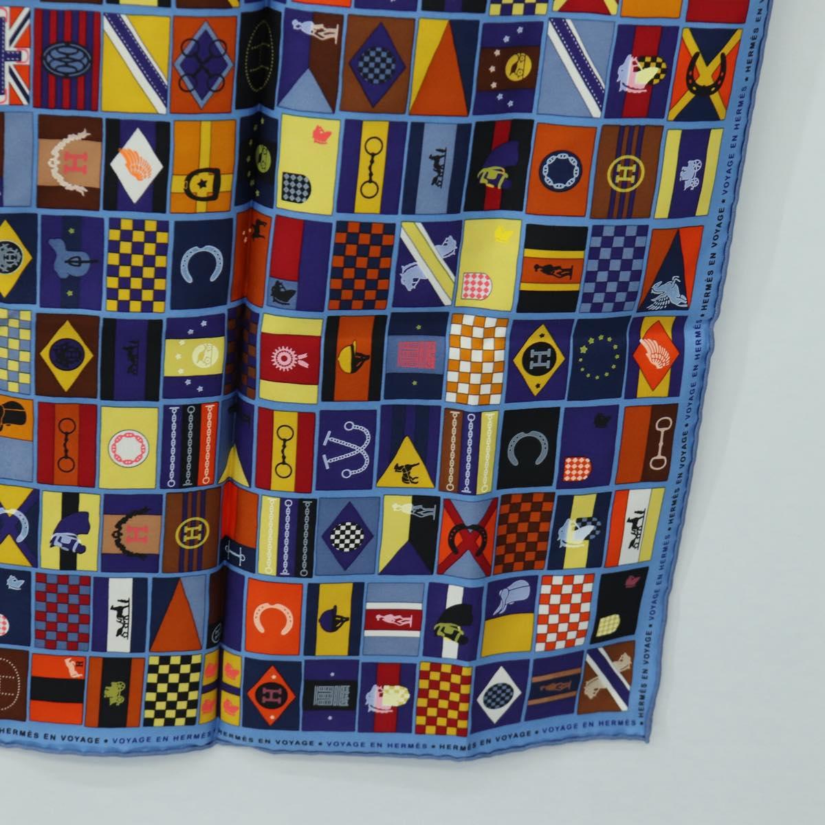 HERMES Carre 90 Scarf ”En Voyage"" Silk Blue Auth 190238M