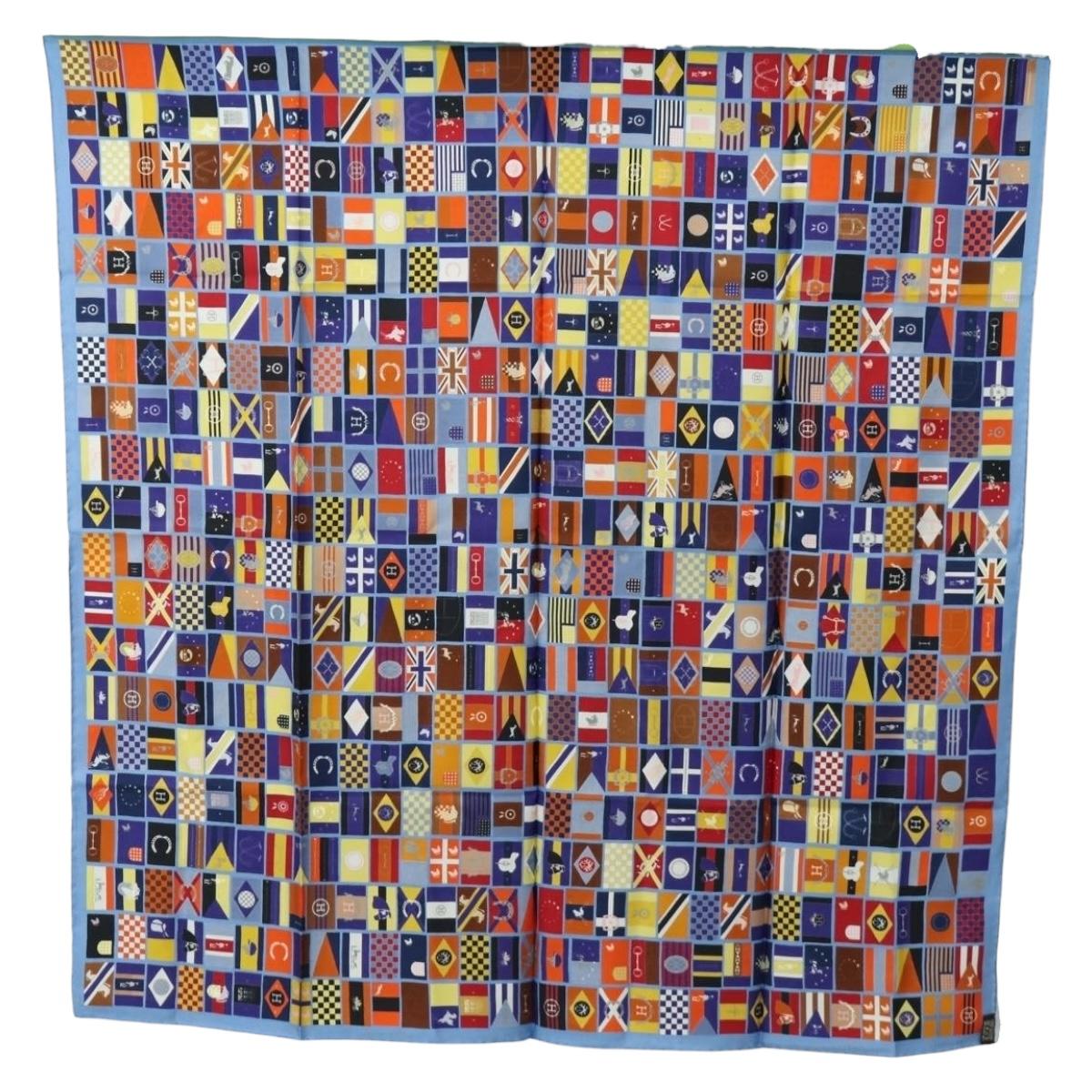 HERMES Carre 90 Scarf ”En Voyage"" Silk Blue Auth 190238M