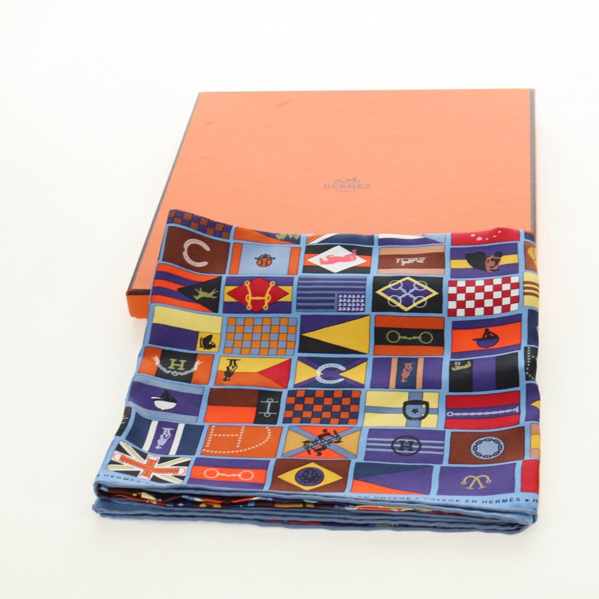 HERMES Carre 90 Scarf ”En Voyage"" Silk Blue Auth 190238M