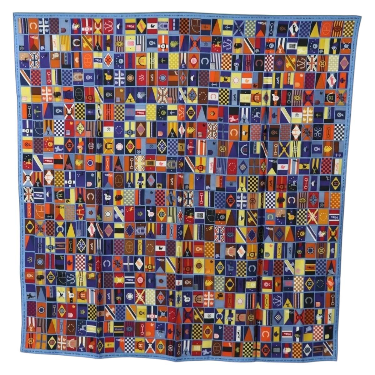 HERMES Carre 90 Scarf ”En Voyage"" Silk Blue Auth 190238M