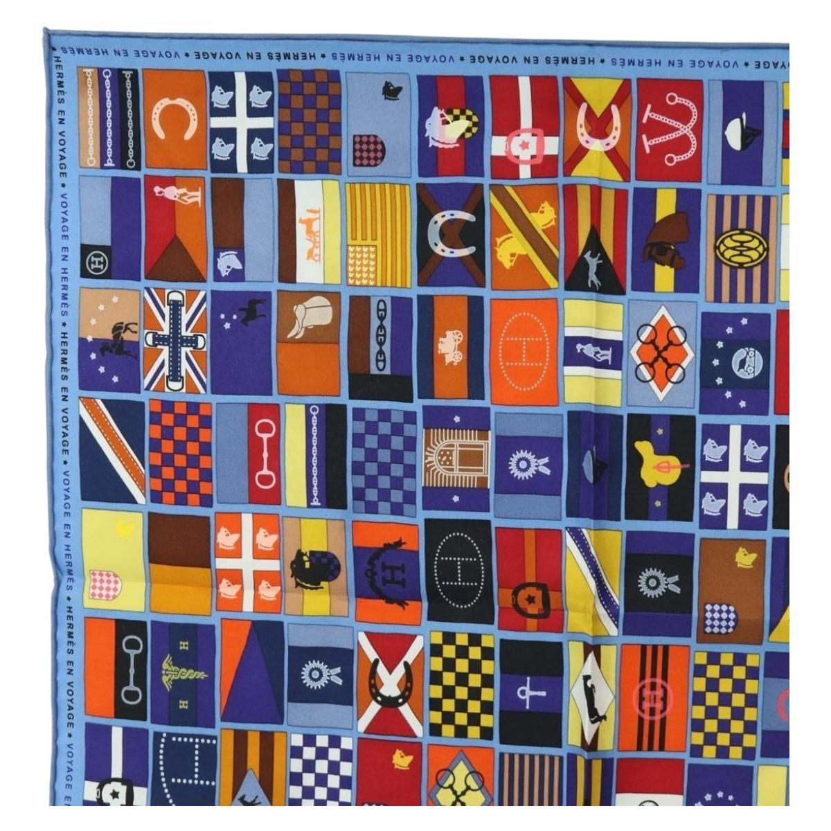 HERMES Carre 90 Scarf ”En Voyage"" Silk Blue Auth 190238M