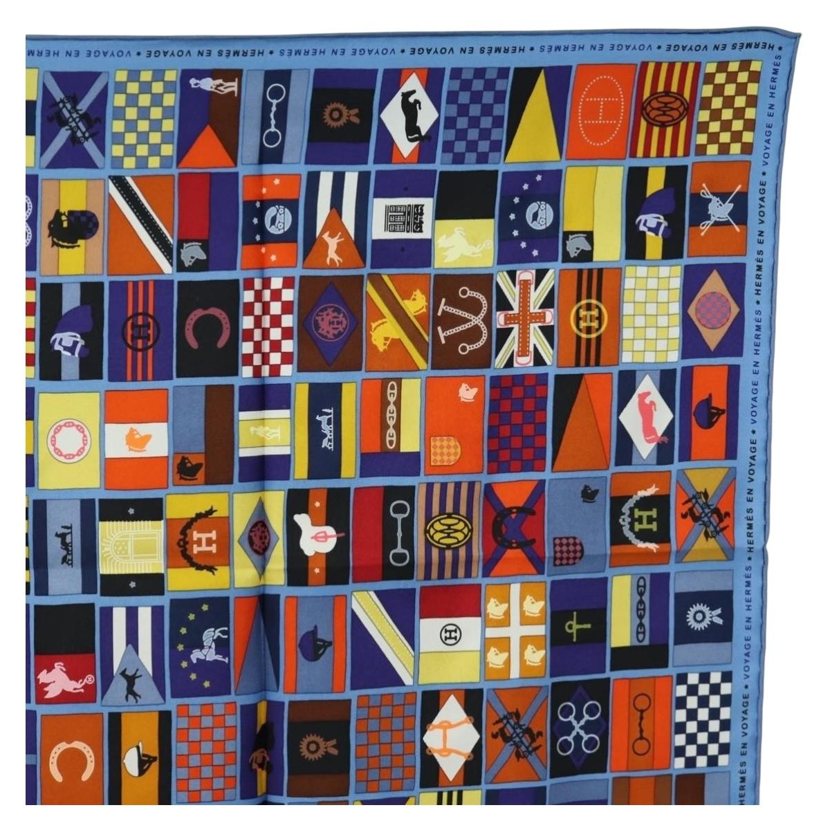 HERMES Carre 90 Scarf ”En Voyage"" Silk Blue Auth 190238M