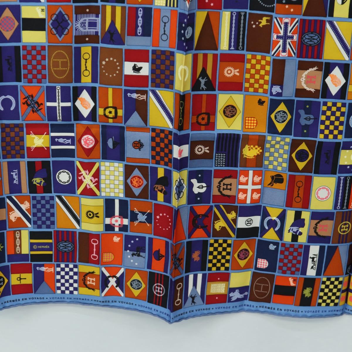 HERMES Carre 90 Scarf ”En Voyage"" Silk Blue Auth 190238M
