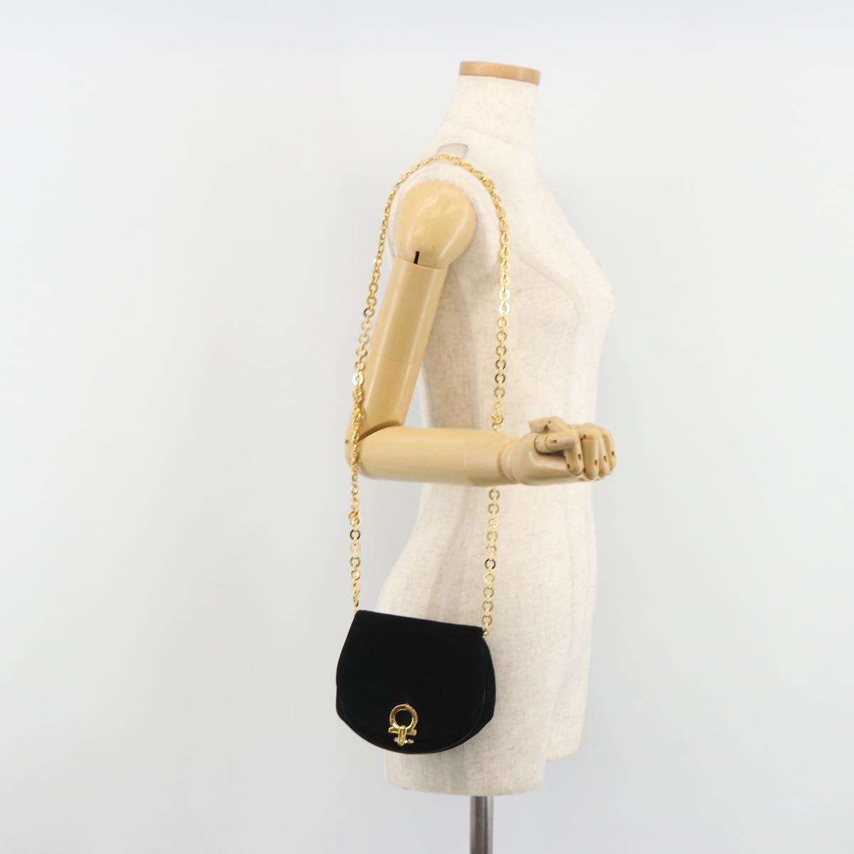 Salvatore Ferragamo Gancini Chain Shoulder Bag Suede Black Gold Auth 190242