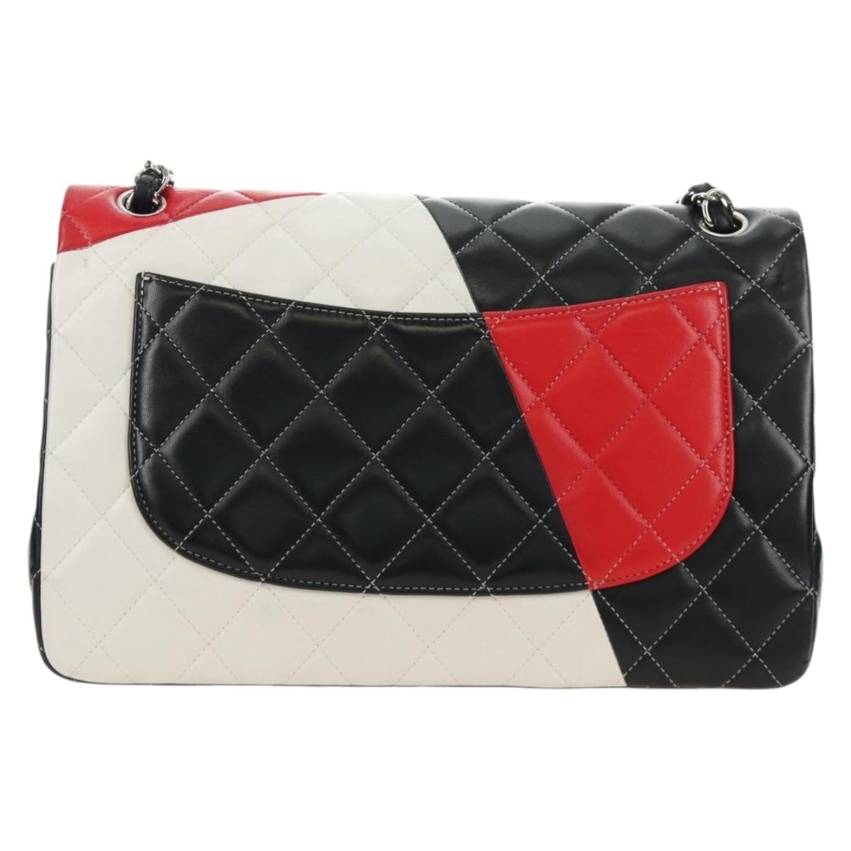 CHANEL Chain Big Matelasse 30 Bag Lamb Skin White Black Silver CC Auth 190244SAM