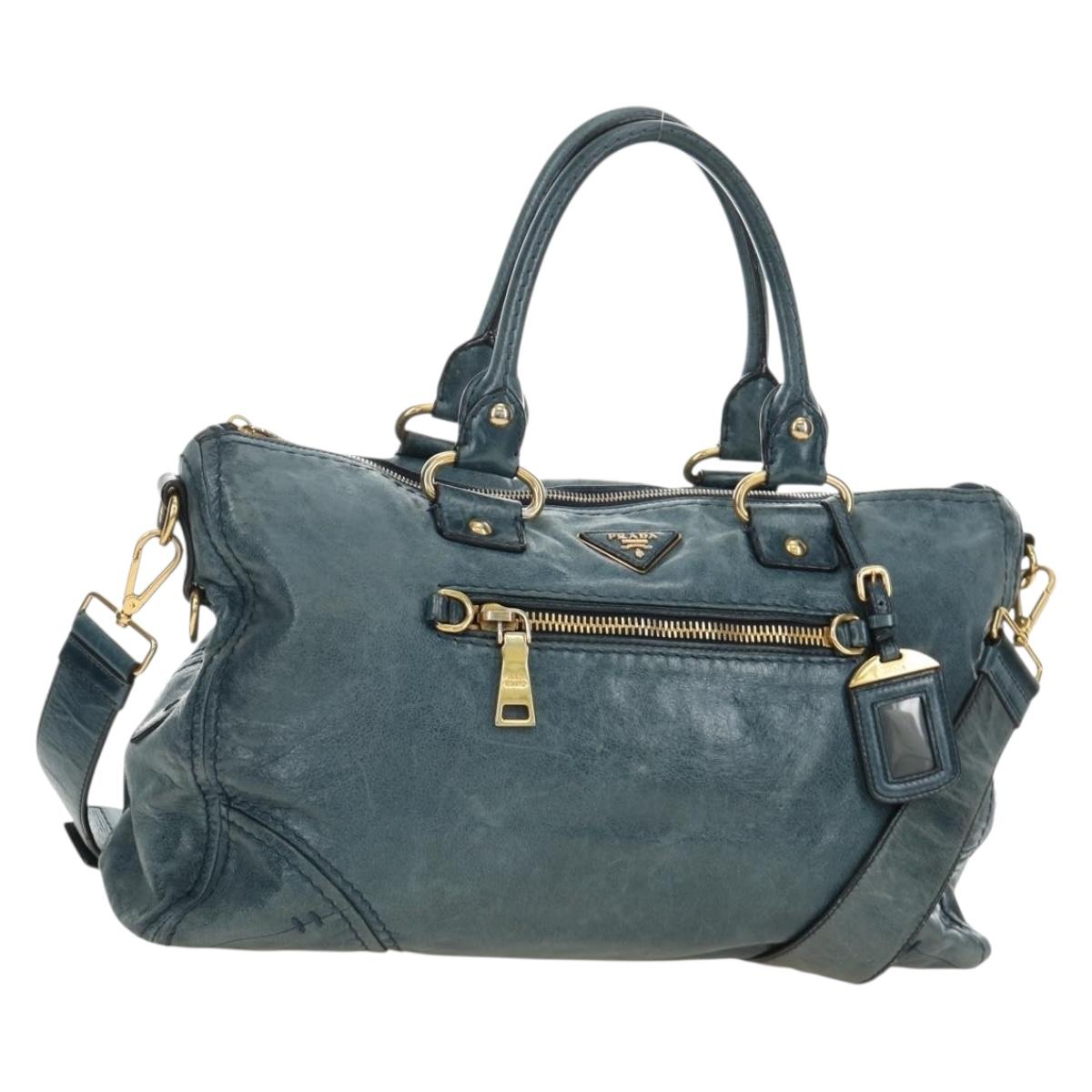 PRADA Hand Bag Leather 2way Blue Gold Auth 190247V