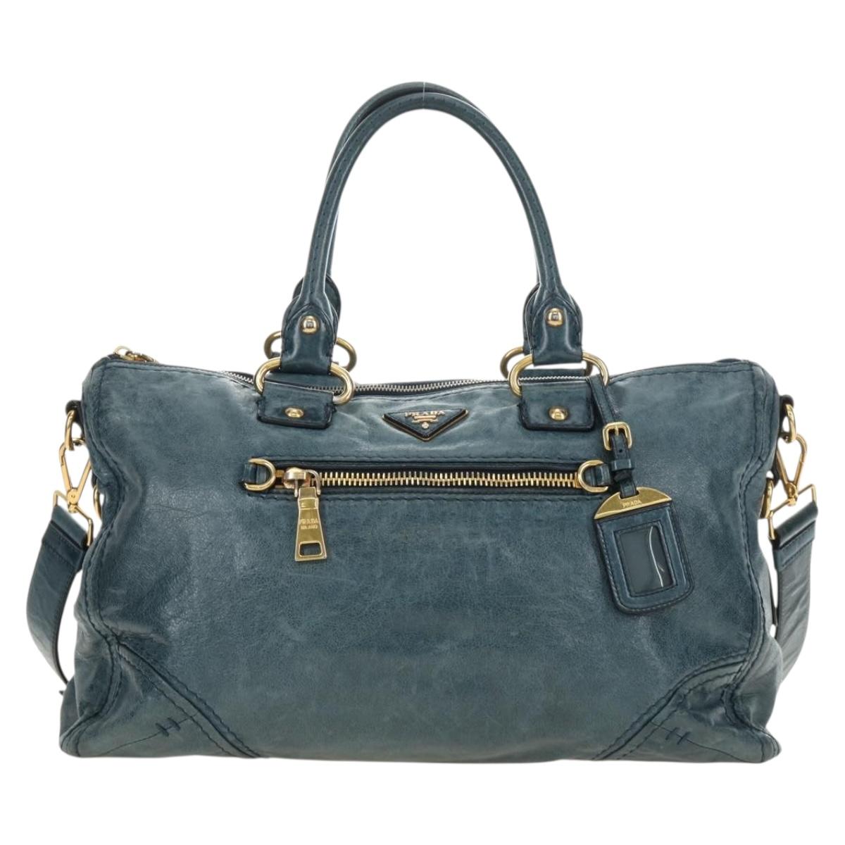 PRADA Hand Bag Leather 2way Blue Gold Auth 190247V