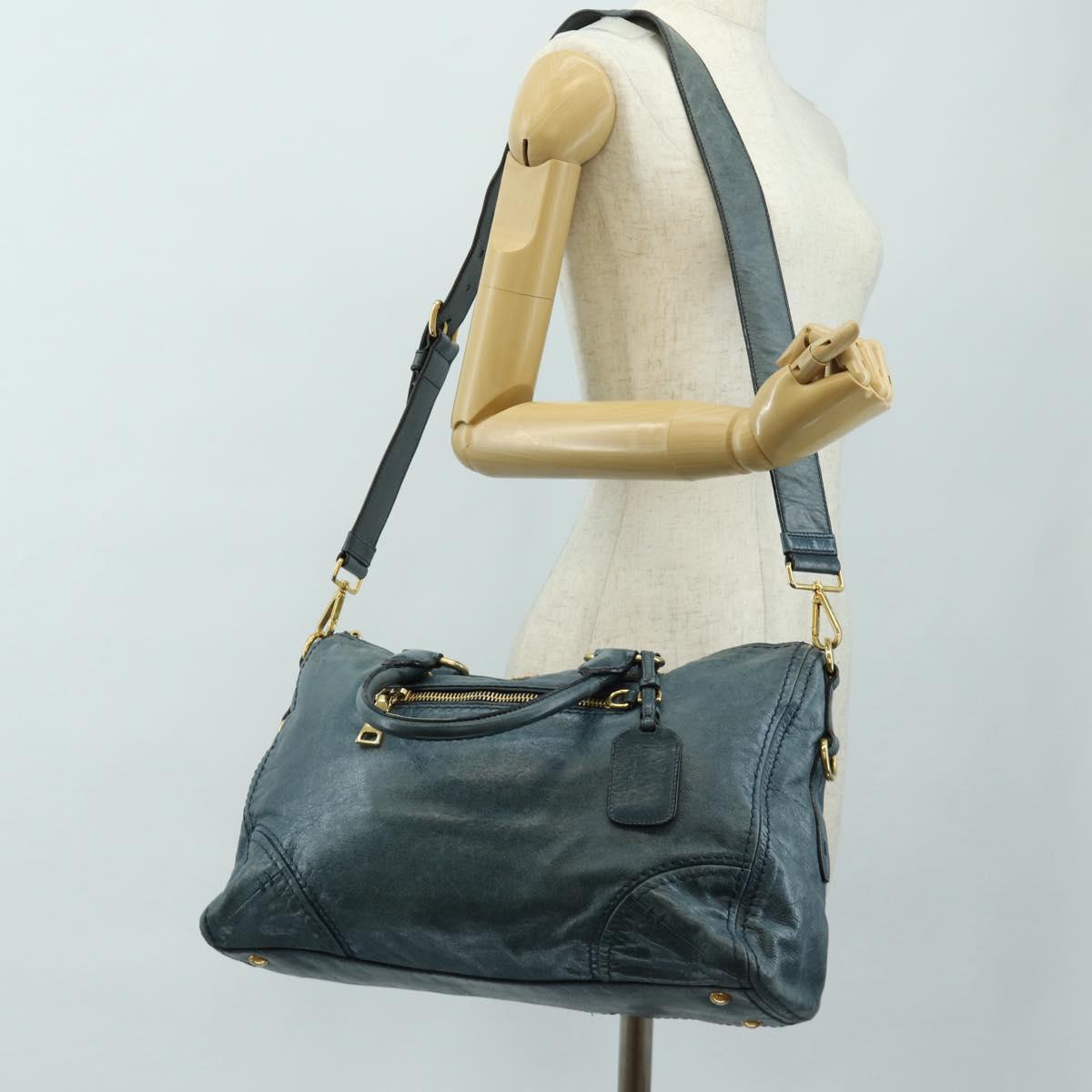PRADA Hand Bag Leather 2way Blue Gold Auth 190247V