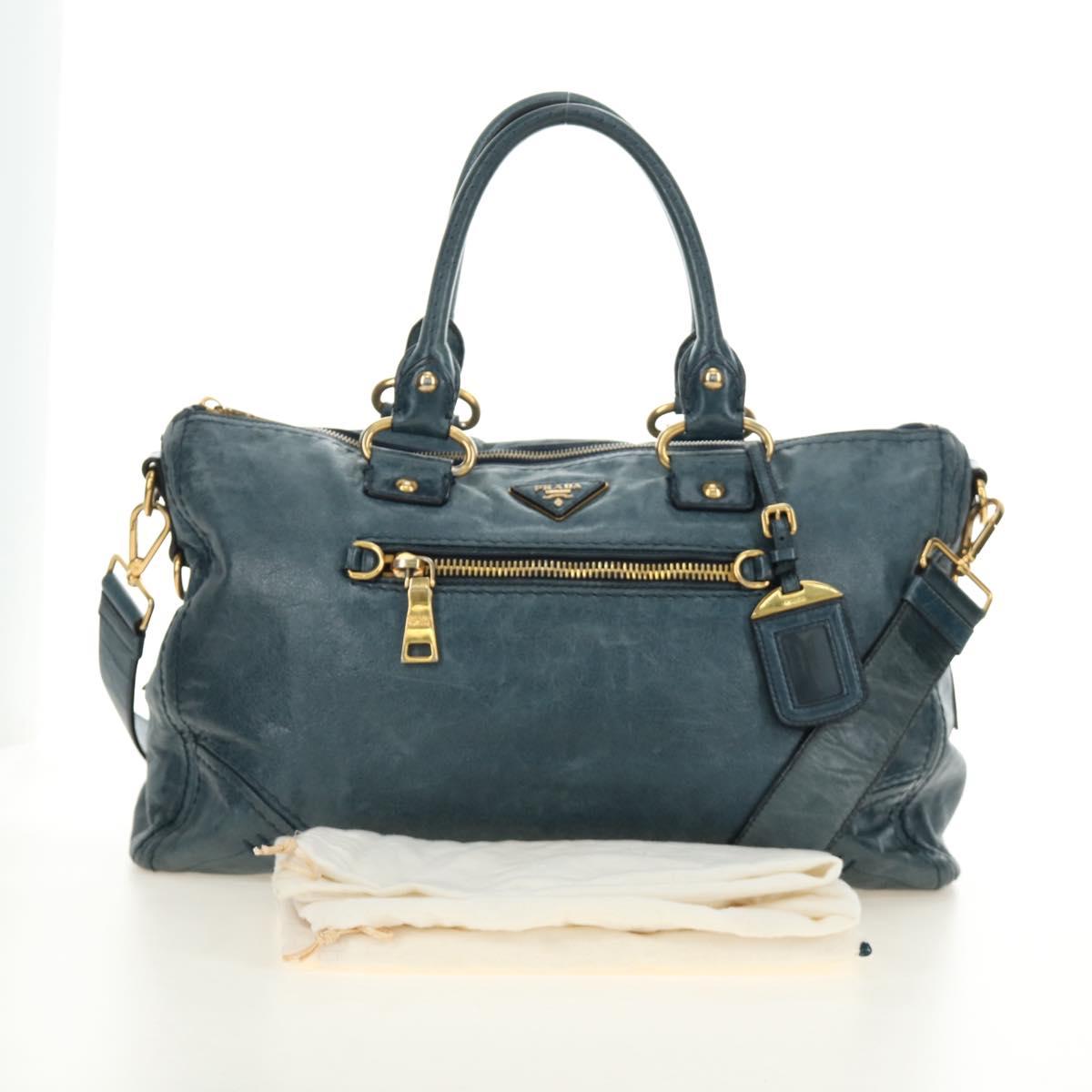 PRADA Hand Bag Leather 2way Blue Gold Auth 190247V