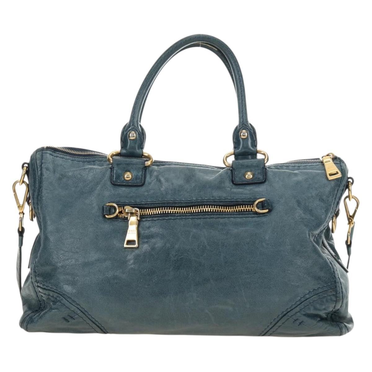 PRADA Hand Bag Leather 2way Blue Gold Auth 190247V