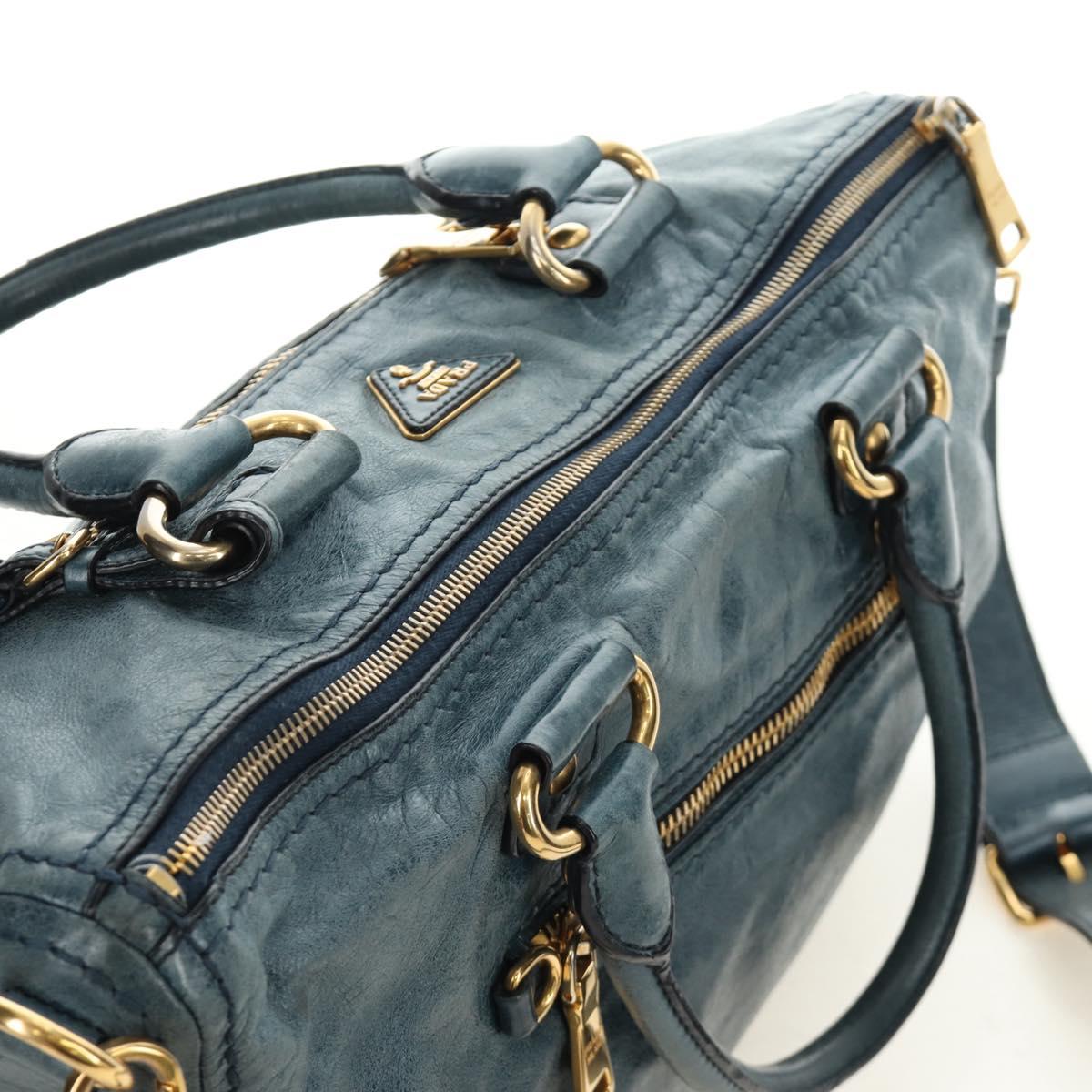 PRADA Hand Bag Leather 2way Blue Gold Auth 190247V