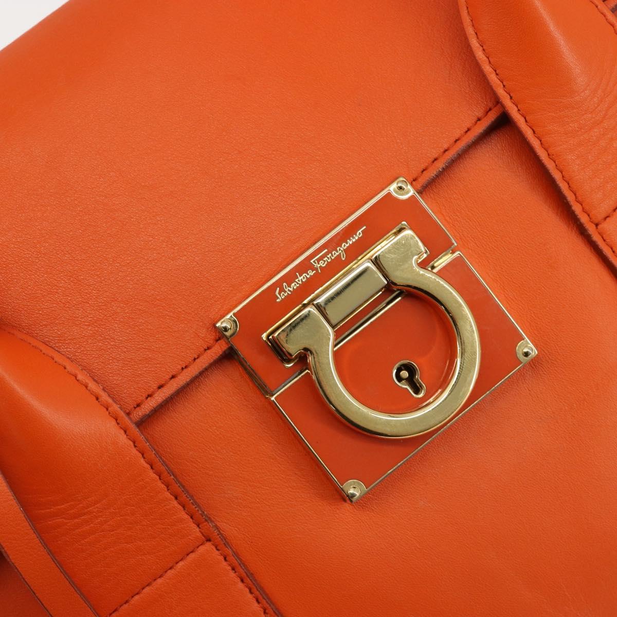 Salvatore Ferragamo Gancini Hand Bag Leather 2way Orange Gold Auth 190253