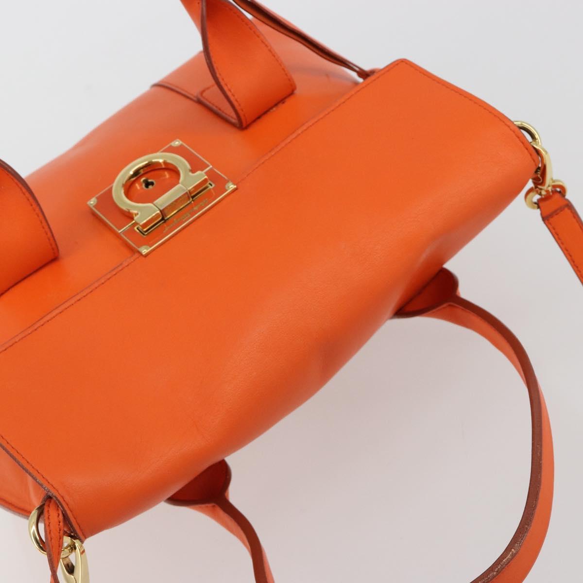 Salvatore Ferragamo Gancini Hand Bag Leather 2way Orange Gold Auth 190253