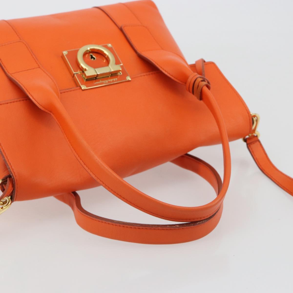 Salvatore Ferragamo Gancini Hand Bag Leather 2way Orange Gold Auth 190253
