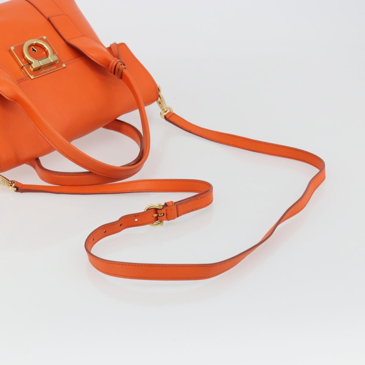 Salvatore Ferragamo Gancini Hand Bag Leather 2way Orange Gold Auth 190253